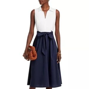 T Tahari Size 2 Tie Waist White- Navy Office Fit & Flare Dress Cotton New